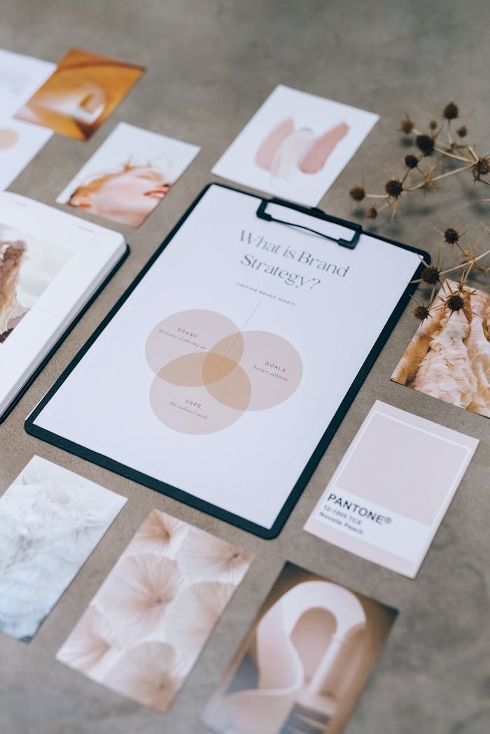 hero-img Flat lay of brand strategy clipboard with Pantone cards and aesthetic images on desk.